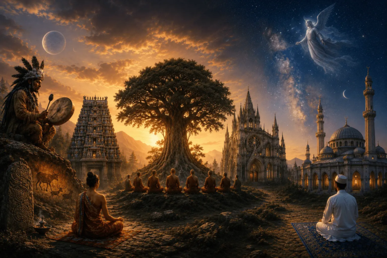 Un arbre au milieu, des gens qui prient et méditent : Que dit la religion sur le monde-invisible