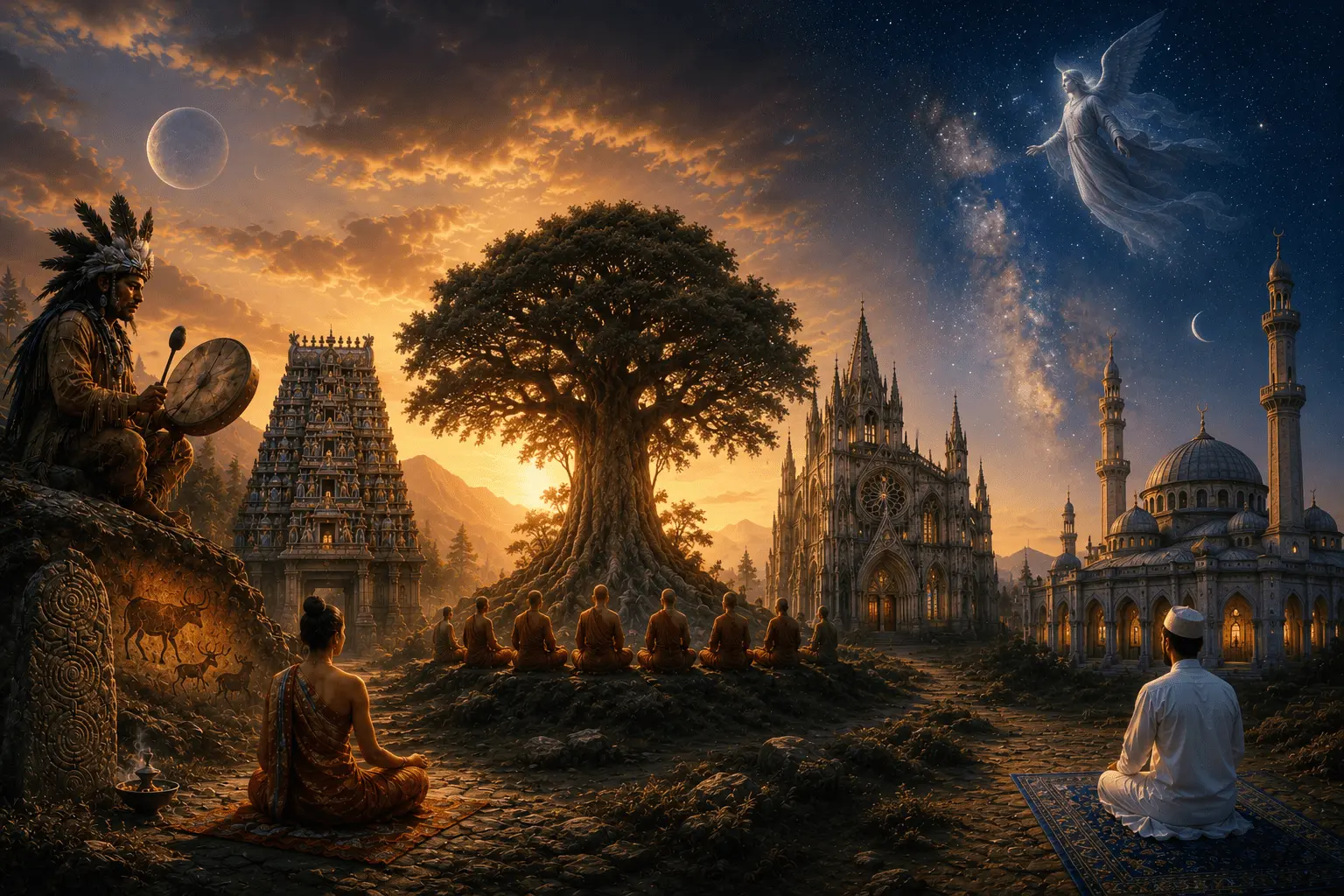 Un arbre au milieu, des gens qui prient et méditent : Que dit la religion sur le monde-invisible